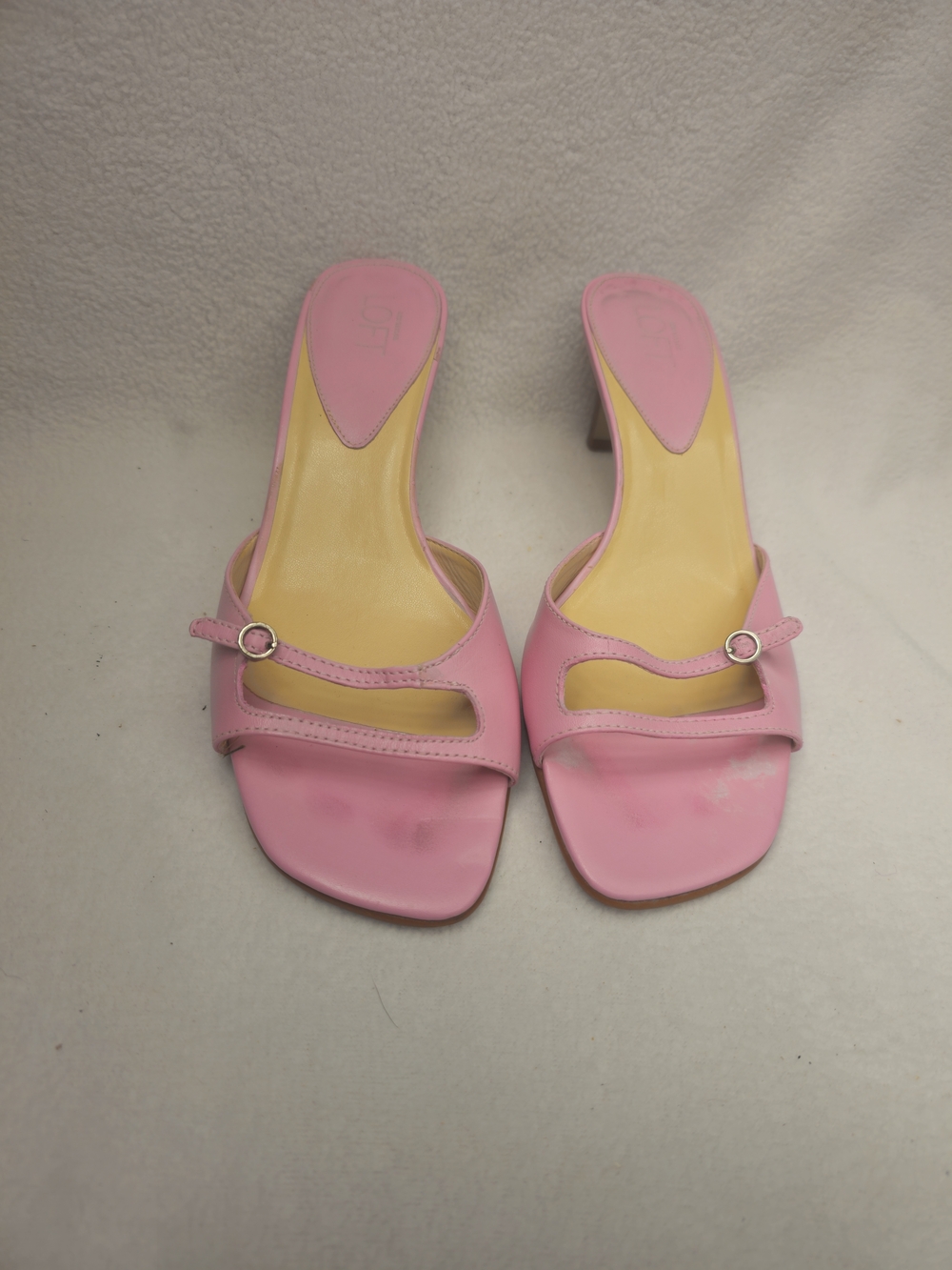 Ann Taylor Loft Pink Open-Toe Slide Heels with Decorative Buckle